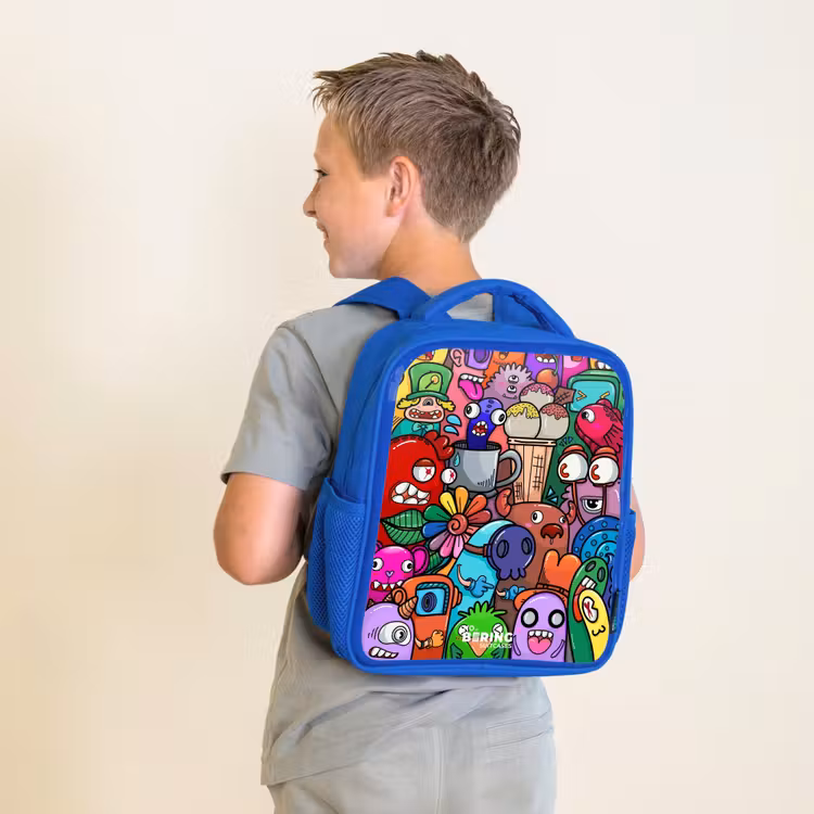 Kinderrucksack - Blau - Monster, Blumen und Eiscreme-Muster — 2