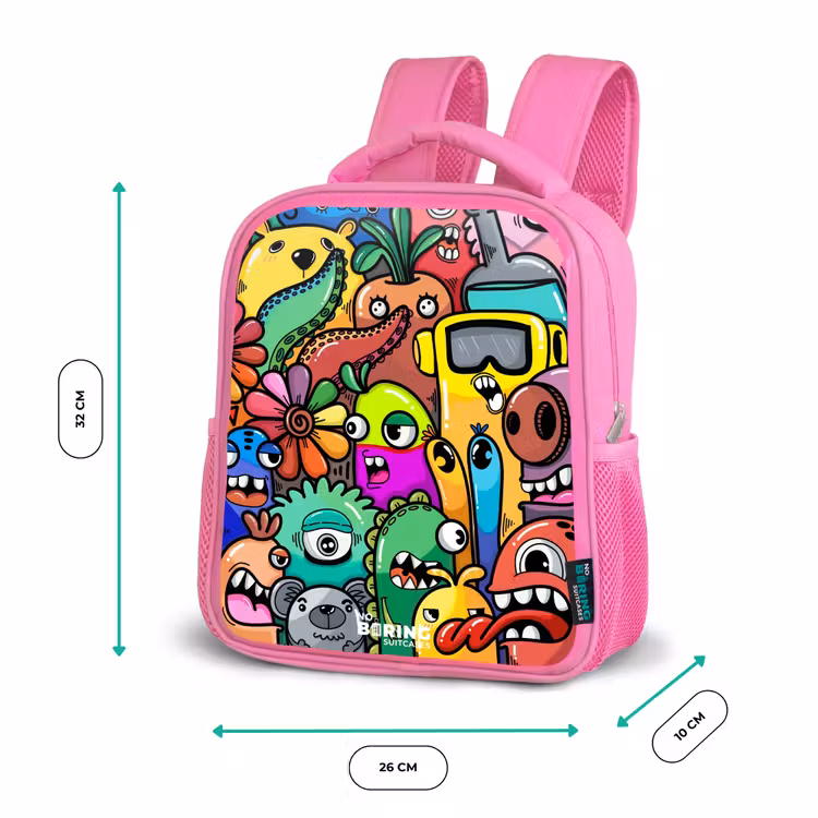Kinderrucksack - Rosa - Ausdrucksstarkes und geschäftiges Muster mit Monstern — 2