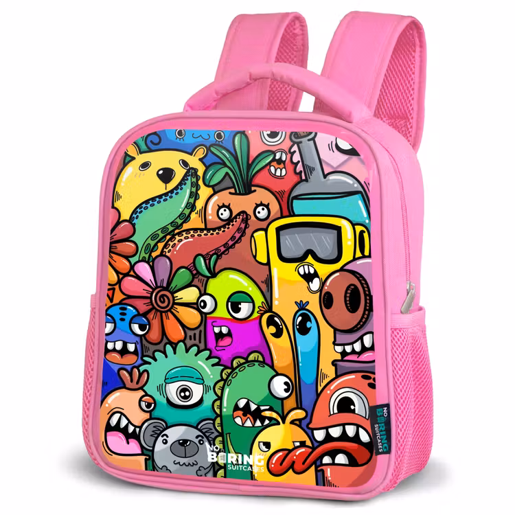 Kinderrucksack - Rosa - Ausdrucksstarkes und geschäftiges Muster mit Monstern — 4