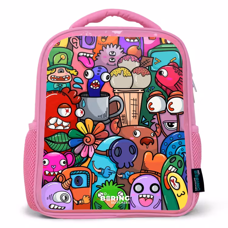 Kinderrucksack - Rosa - Monster, Blumen und Eiscreme-Muster — 1