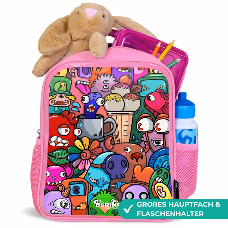 Kinderrucksack - Rosa - Monster, Blumen und Eiscreme-Muster — 3