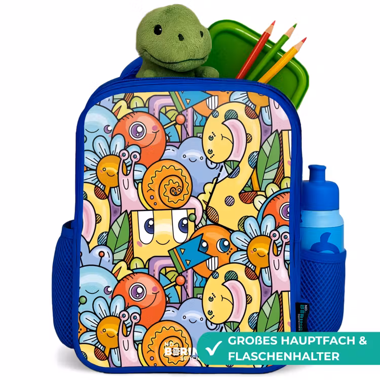 Kinderrucksack - Blau - Cartoon von verschiedenen Kreaturen und Gesichtern — 3