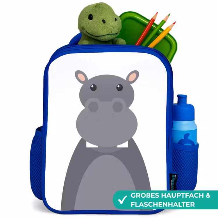 Kinderrucksack - Blau - Tierporträt - Nilpferd - grau — 3