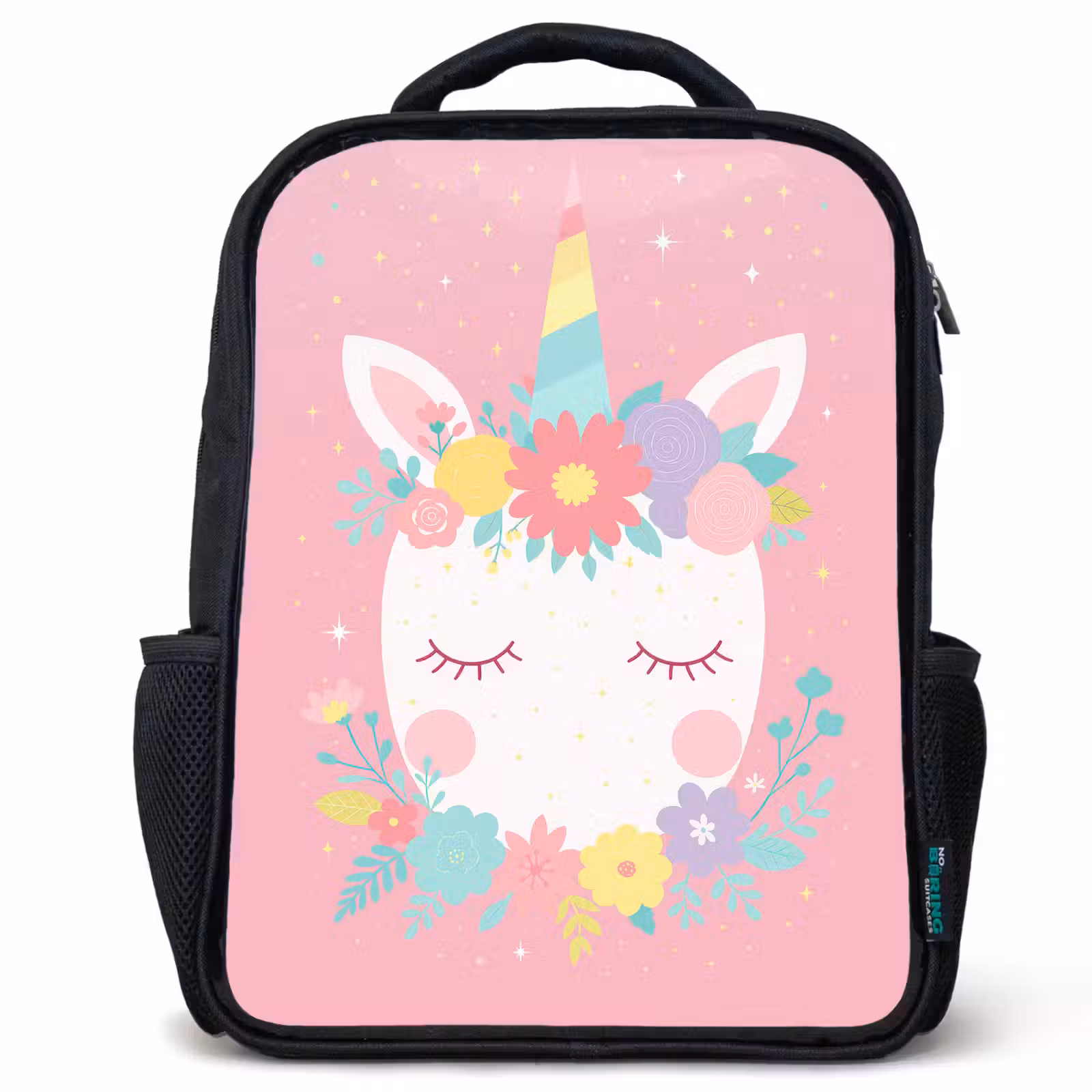 Kinderrucksack - Schwarz - Einhorn - Blumen - Rosa — 1
