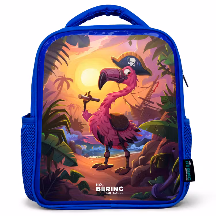 Kinderrucksack - Blau - Piratenflamingo auf einem tropischen Pfad — 1