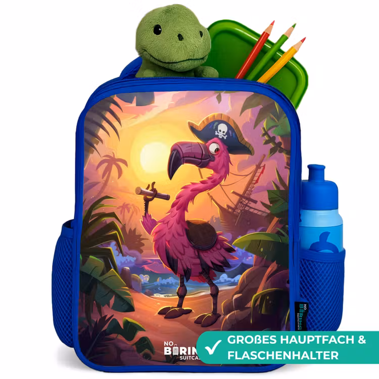 Kinderrucksack - Blau - Piratenflamingo auf einem tropischen Pfad — 3