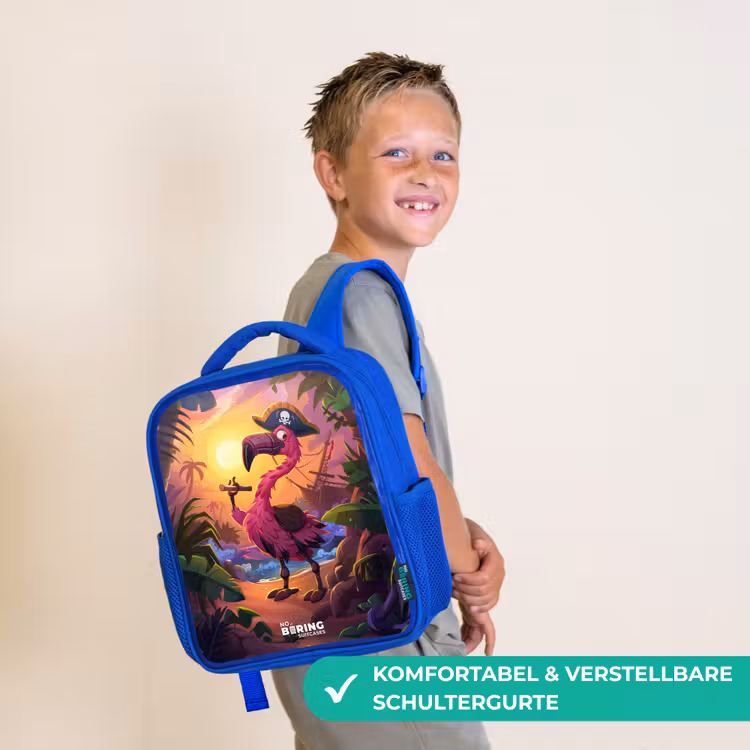 Kinderrucksack - Blau - Piratenflamingo auf einem tropischen Pfad — 5