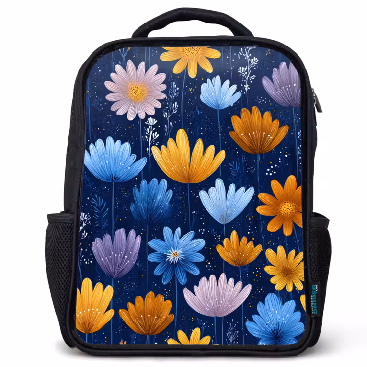 Kinderrucksack - Schwarz - Blumen - Muster - Blau - Kontrast — 1