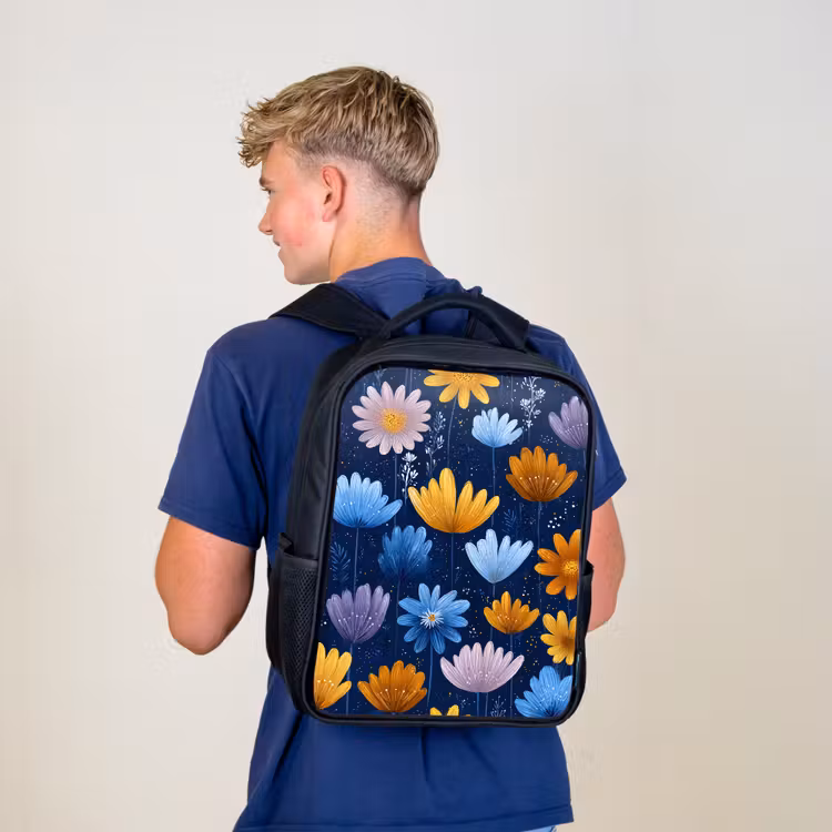 Kinderrucksack - Schwarz - Blumen - Muster - Blau - Kontrast — 3