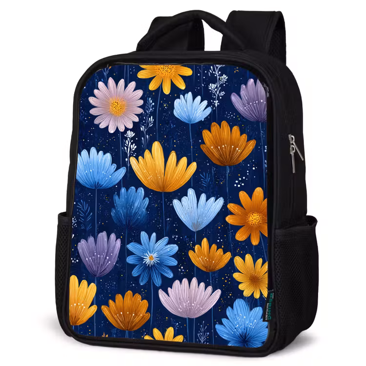 Kinderrucksack - Schwarz - Blumen - Muster - Blau - Kontrast — 4