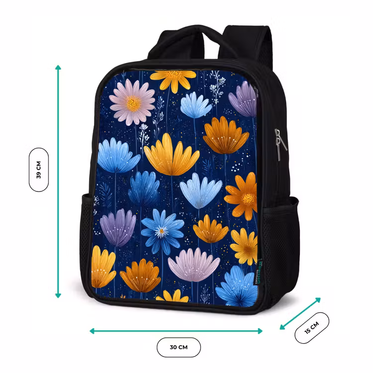 Kinderrucksack - Schwarz - Blumen - Muster - Blau - Kontrast — 6