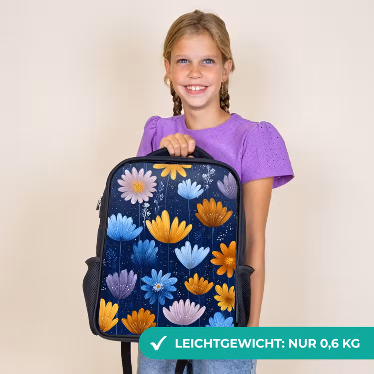 Kinderrucksack - Schwarz - Blumen - Muster - Blau - Kontrast — 7