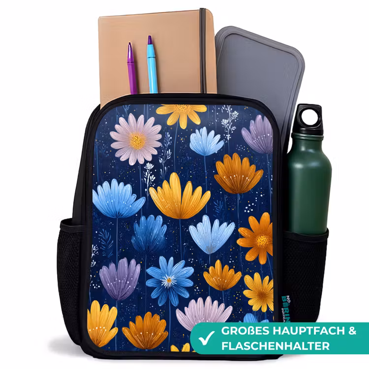 Kinderrucksack - Schwarz - Blumen - Muster - Blau - Kontrast — 8