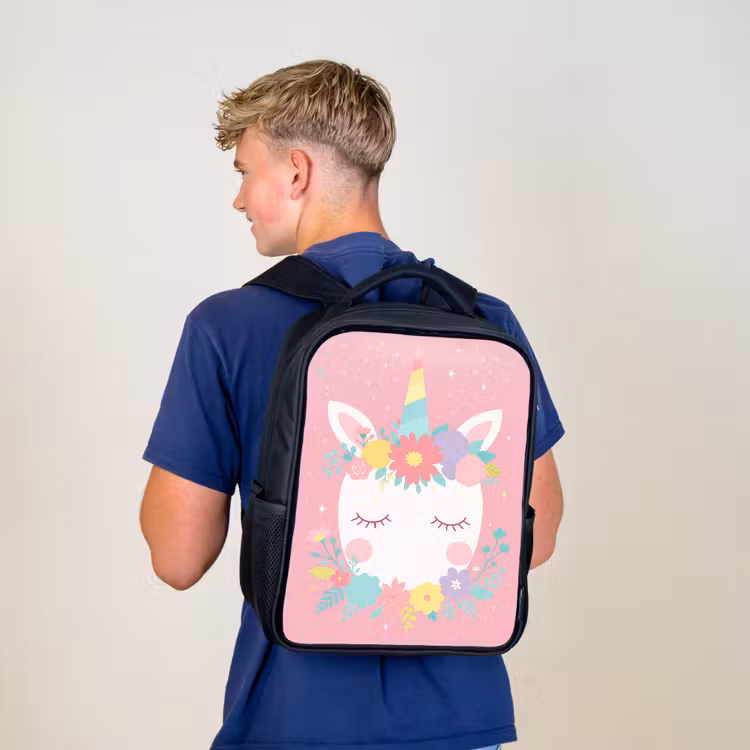 Kinderrucksack - Schwarz - Einhorn - Blumen - Rosa — 3