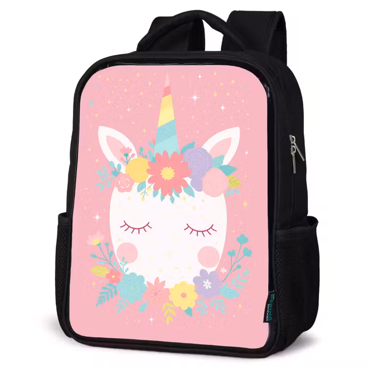 Kinderrucksack - Schwarz - Einhorn - Blumen - Rosa — 4