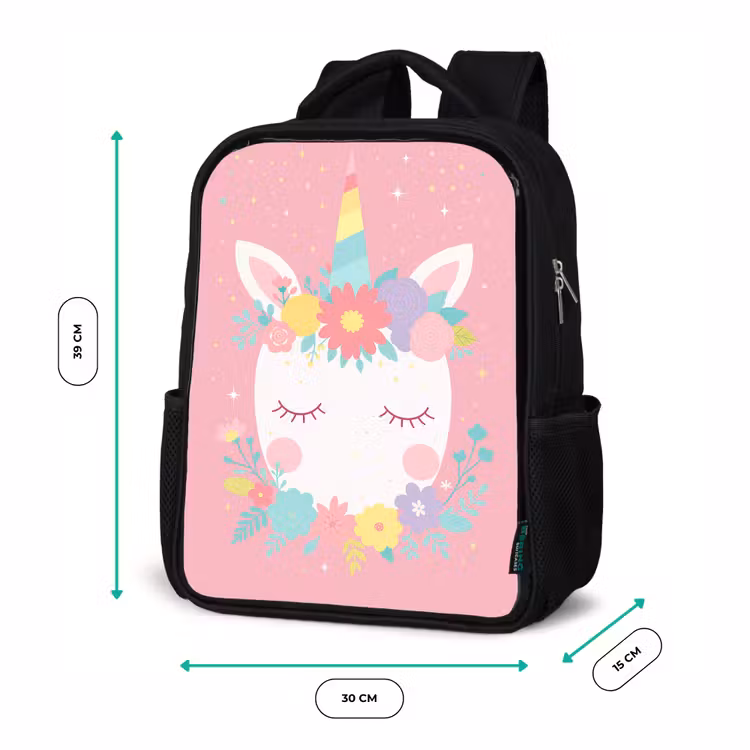 Kinderrucksack - Schwarz - Einhorn - Blumen - Rosa — 6