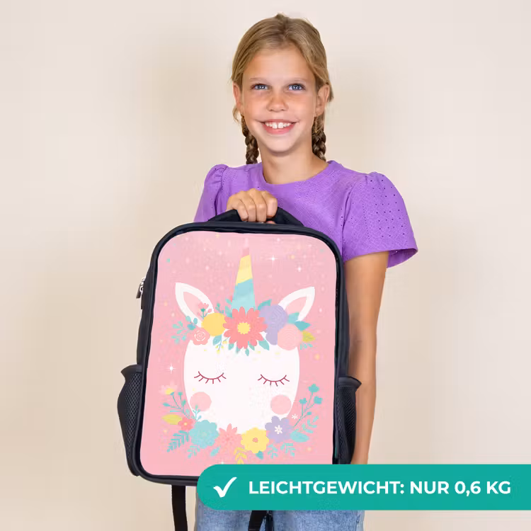 Kinderrucksack - Schwarz - Einhorn - Blumen - Rosa — 7