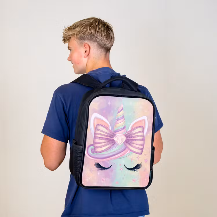 Kinderrucksack - Schwarz - Einhorn - Glitzer - Regenbogen - Pastell — 3