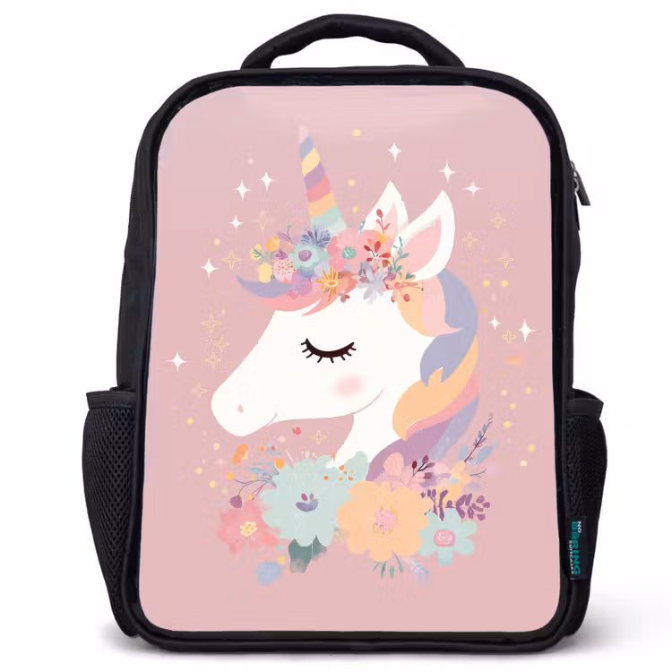 Kinderrucksack - Schwarz - Einhorn - Rosa - Blumen — 1