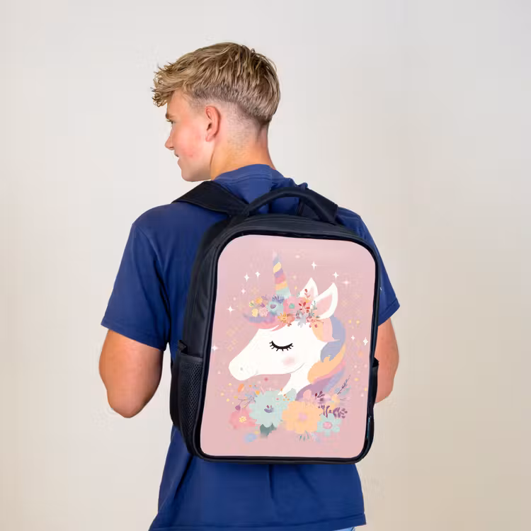 Kinderrucksack - Schwarz - Einhorn - Rosa - Blumen — 3
