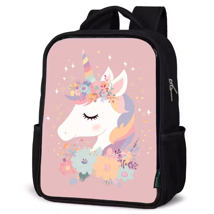 Kinderrucksack - Schwarz - Einhorn - Rosa - Blumen — 4