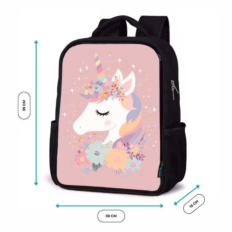 Kinderrucksack - Schwarz - Einhorn - Rosa - Blumen — 6
