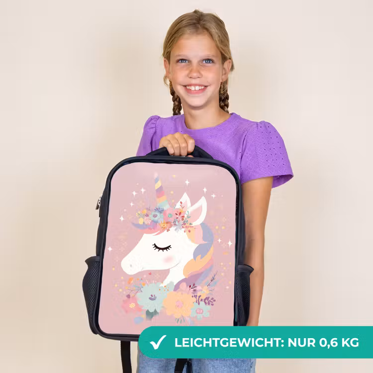 Kinderrucksack - Schwarz - Einhorn - Rosa - Blumen — 7