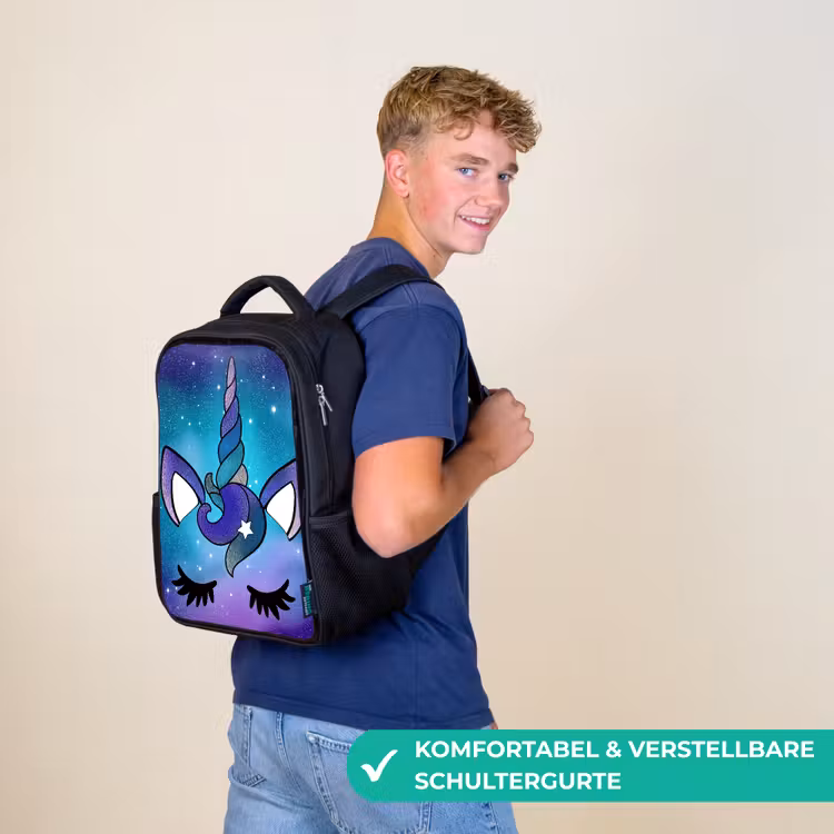 Kinderrucksack - Schwarz - Einhorn - Sternenhimmel - Blau — 9