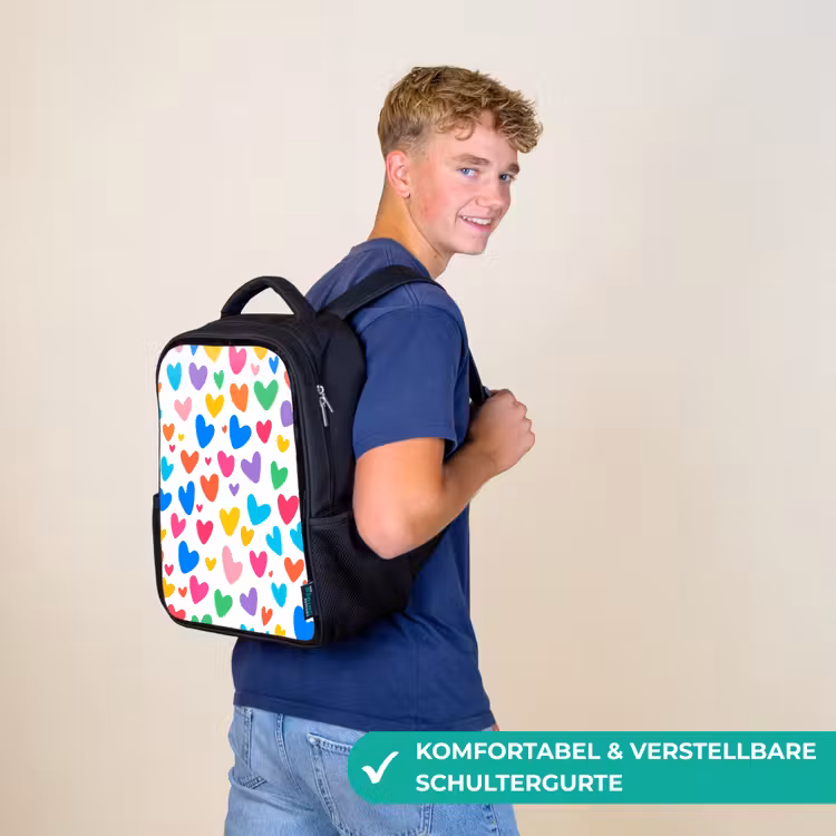 Kinderrucksack - Schwarz - Herzen - Bunt - Muster - Lebendig — 9