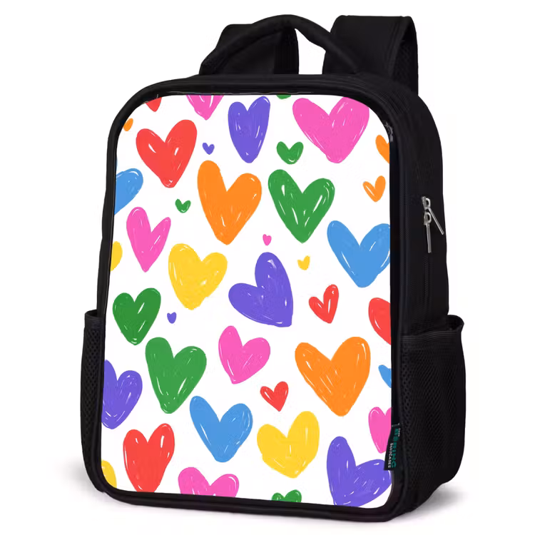 Kinderrucksack - Schwarz - Herzen - Muster - Farbenfroh — 4