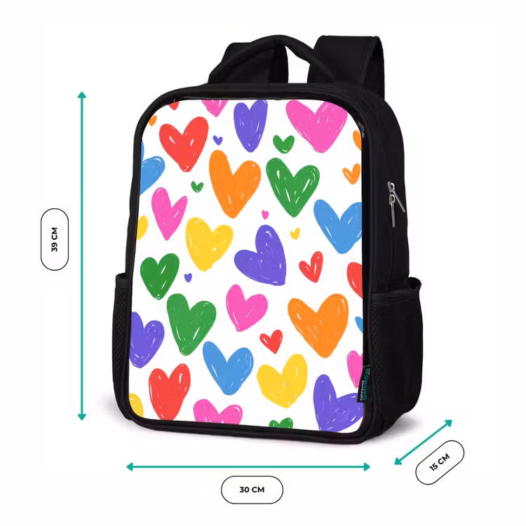 Kinderrucksack - Schwarz - Herzen - Muster - Farbenfroh — 6