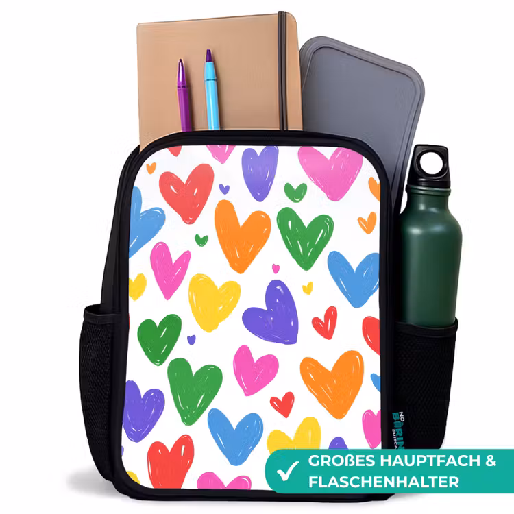 Kinderrucksack - Schwarz - Herzen - Muster - Farbenfroh — 8