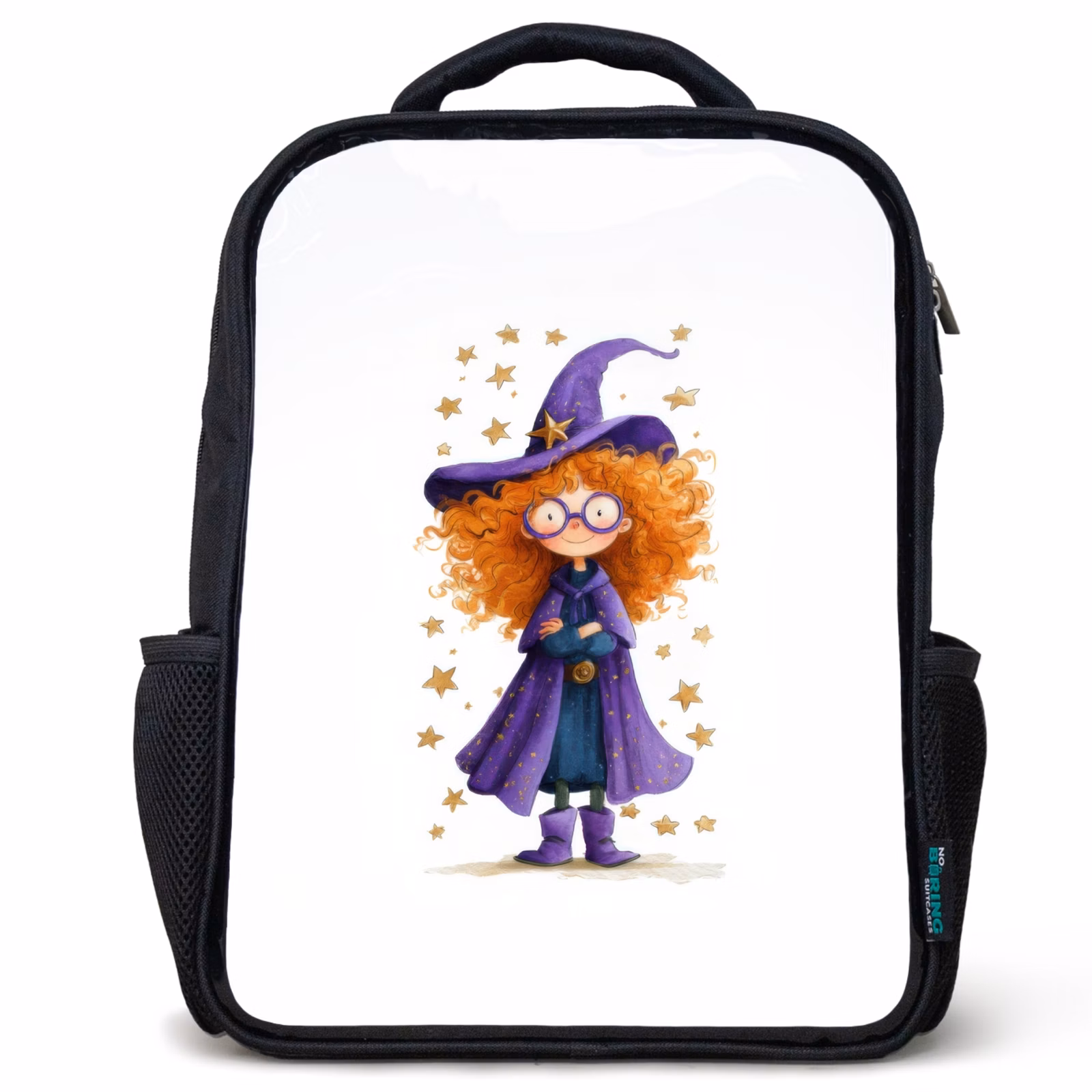 Kinderrucksack - Schwarz - Kleine Hexe mit großer Brille und Sternenmantel — 1