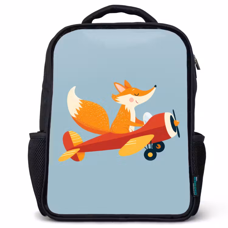 Kinderrucksack - Schwarz - Fuchs - Flugzeug - Blau — 1