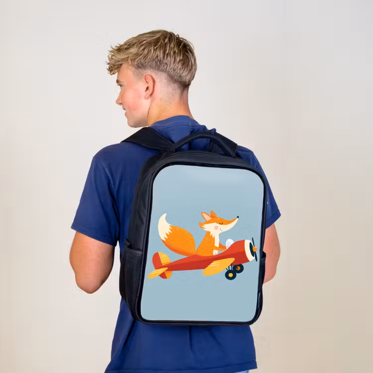Kinderrucksack - Schwarz - Fuchs - Flugzeug - Blau — 3
