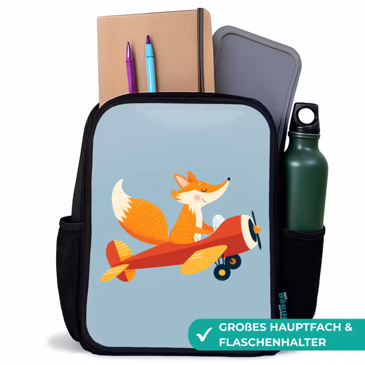 Kinderrucksack - Schwarz - Fuchs - Flugzeug - Blau — 8