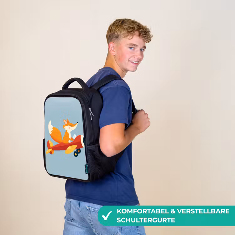 Kinderrucksack - Schwarz - Fuchs - Flugzeug - Blau — 9