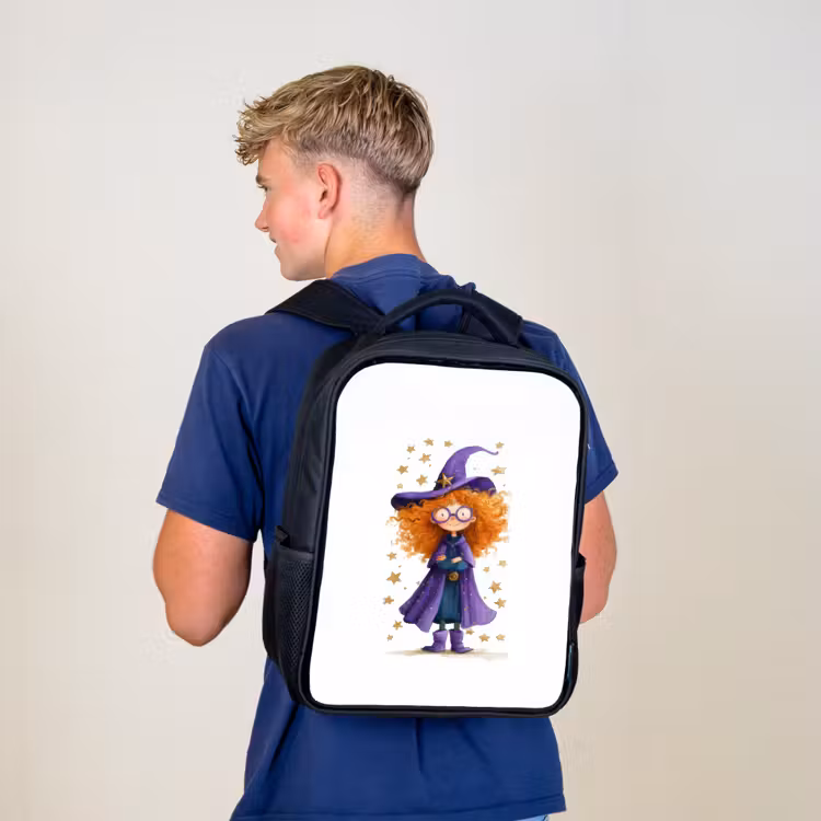 Kinderrucksack - Schwarz - Kleine Hexe mit großer Brille und Sternenmantel — 3