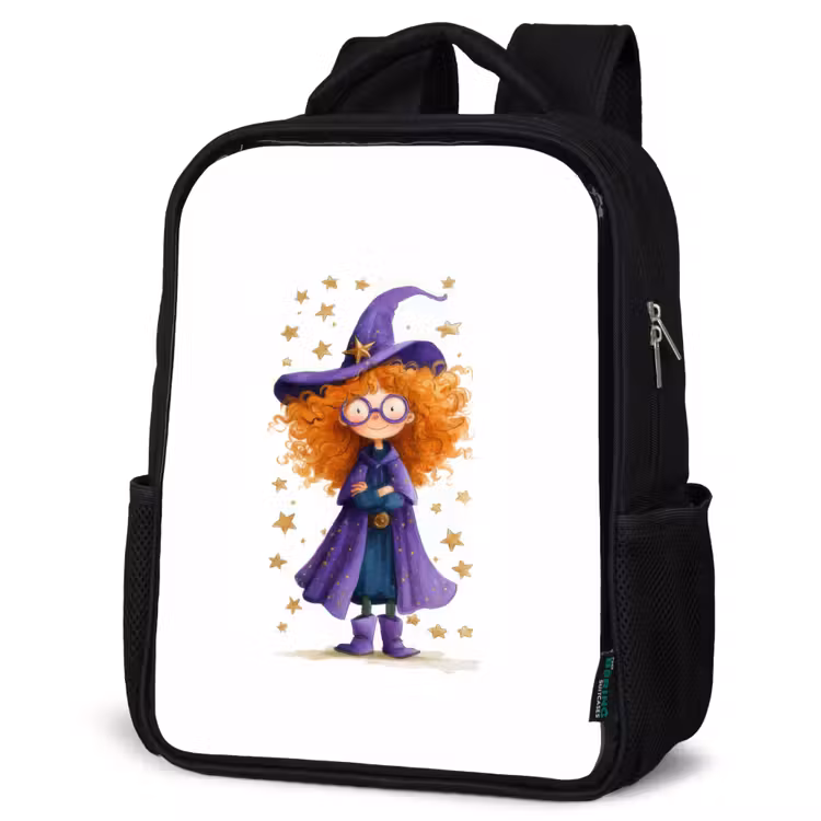 Kinderrucksack - Schwarz - Kleine Hexe mit großer Brille und Sternenmantel — 4