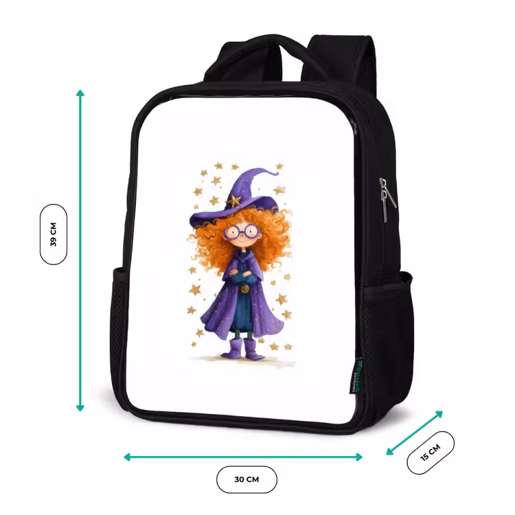 Kinderrucksack - Schwarz - Kleine Hexe mit großer Brille und Sternenmantel — 6