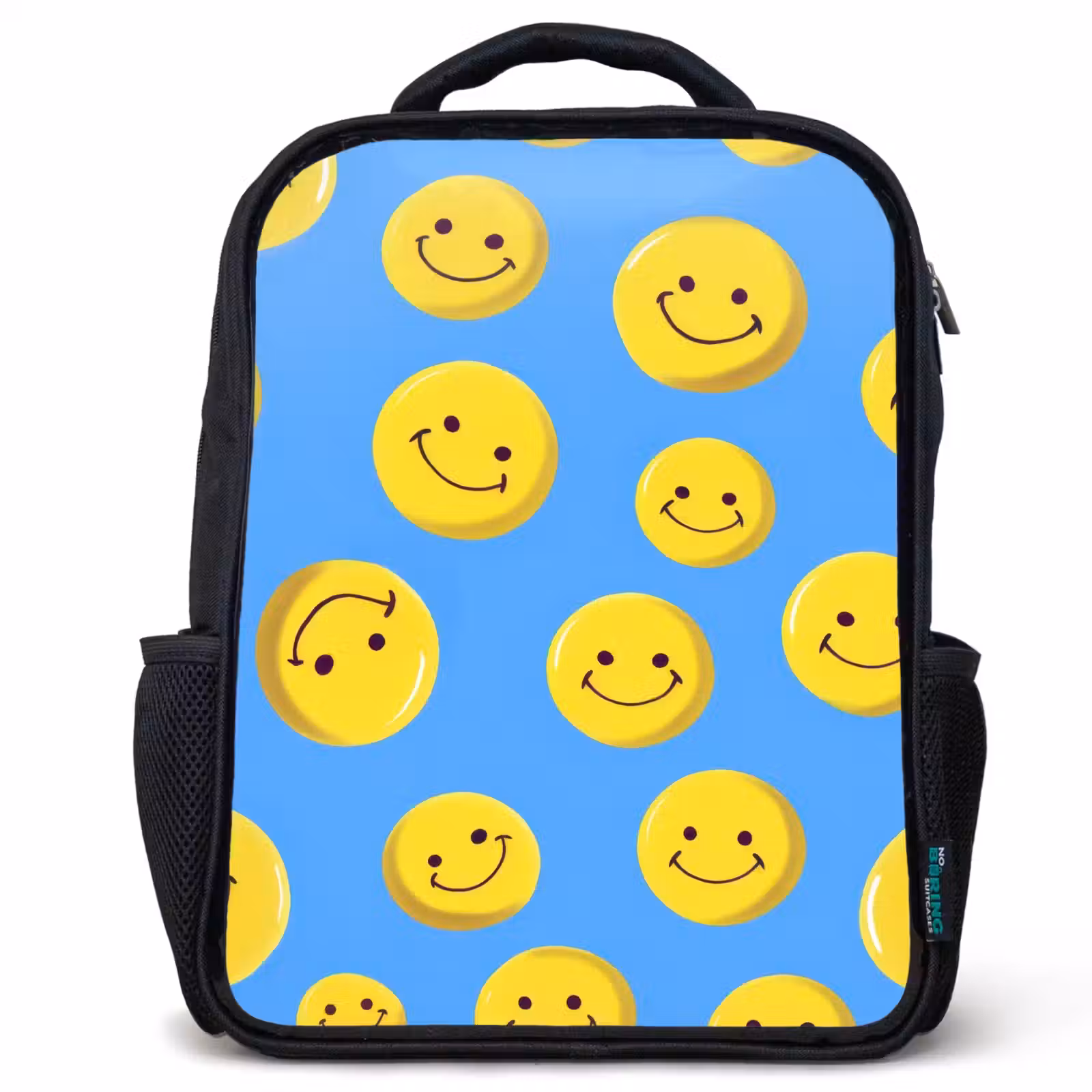 Kinderrucksack - Schwarz - Fröhlicher Smiley Regen auf blauem Hintergrund — 1