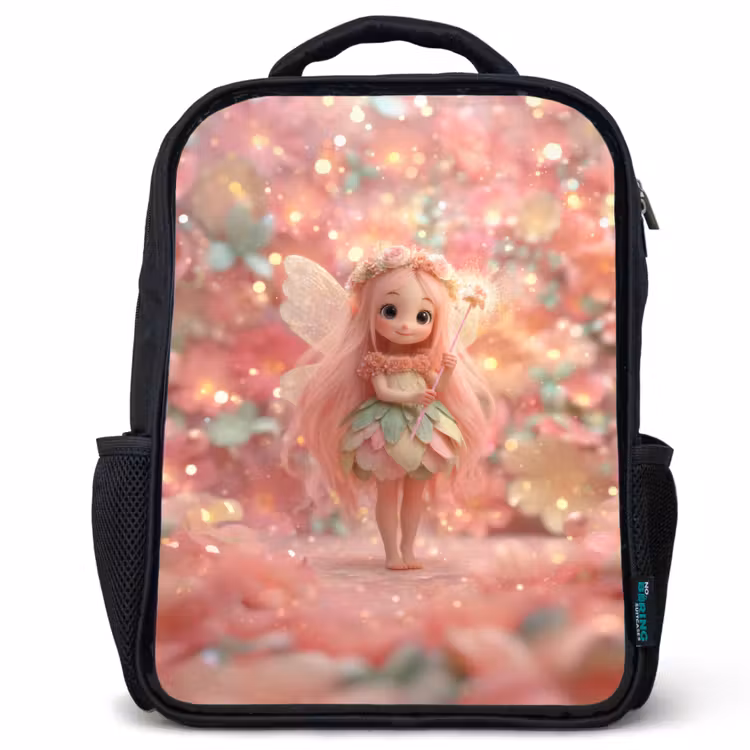 Kinderrucksack - Schwarz - Blumenfee mit rosa Haaren in funkelndem Blumengarten — 1