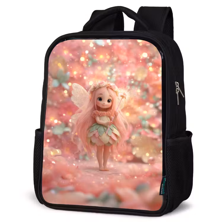 Kinderrucksack - Schwarz - Blumenfee mit rosa Haaren in funkelndem Blumengarten — 4