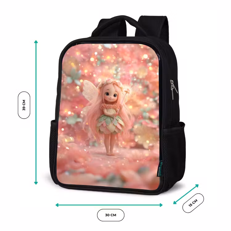 Kinderrucksack - Schwarz - Blumenfee mit rosa Haaren in funkelndem Blumengarten — 6