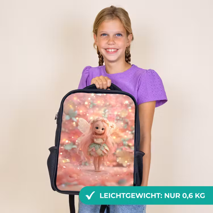 Kinderrucksack - Schwarz - Blumenfee mit rosa Haaren in funkelndem Blumengarten — 7