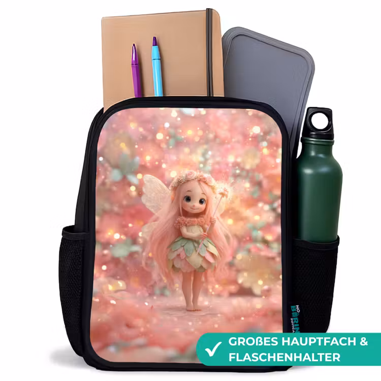 Kinderrucksack - Schwarz - Blumenfee mit rosa Haaren in funkelndem Blumengarten — 8