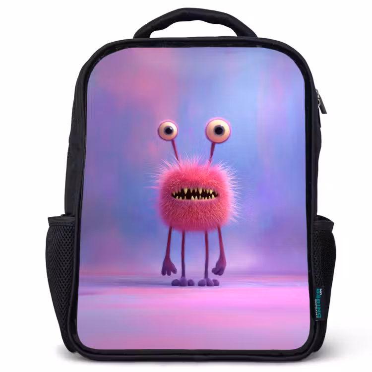 Kinderrucksack - Schwarz - Flauschiges rosa Monster mit stechenden Augen und scharfen Zähnen — 1
