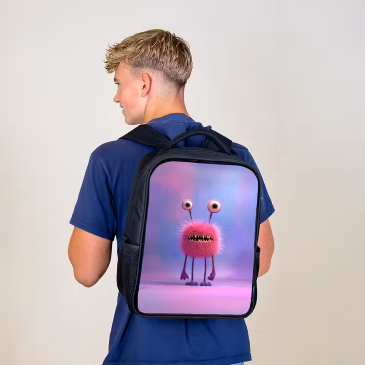 Kinderrucksack - Schwarz - Flauschiges rosa Monster mit stechenden Augen und scharfen Zähnen — 3