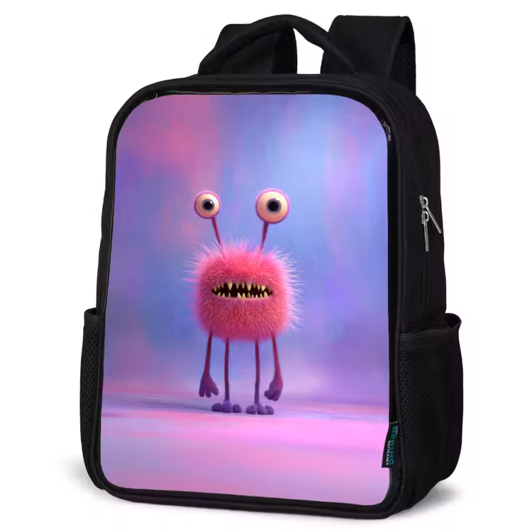 Kinderrucksack - Schwarz - Flauschiges rosa Monster mit stechenden Augen und scharfen Zähnen — 4