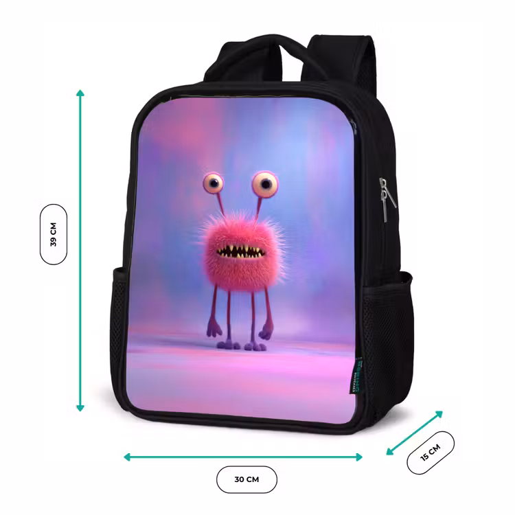 Kinderrucksack - Schwarz - Flauschiges rosa Monster mit stechenden Augen und scharfen Zähnen — 6